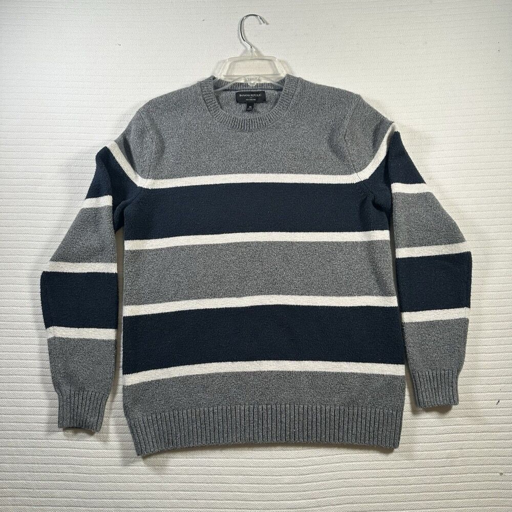 Banana Republic Eco Sweater Medium Gray Navy Blue Striped Crewneck Knit Pullover